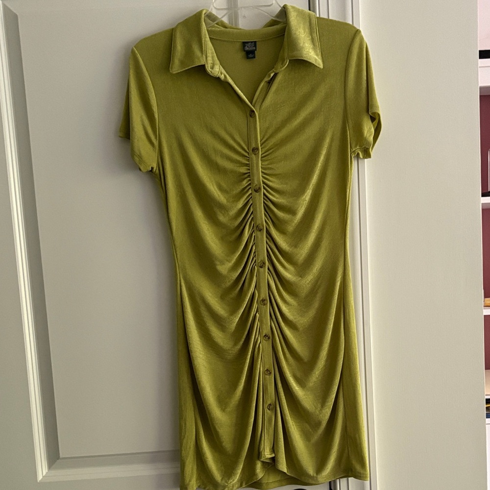 Green Ruched Button-Down Dress